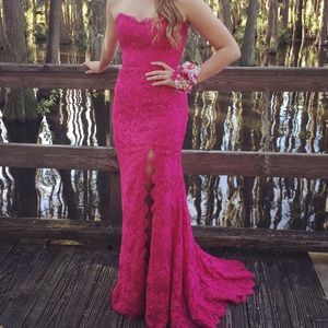 Mori Lee fuschia pink lace formal prom dress